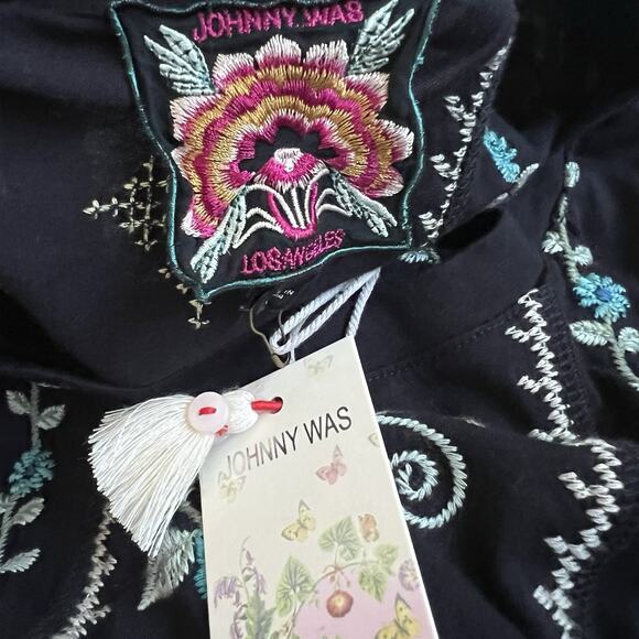 JOHNNY WAS NWT Jaanvi Black Midi Dress Balloon Slv Embroidered Boho Chic Sz S - Picture 5 of 5